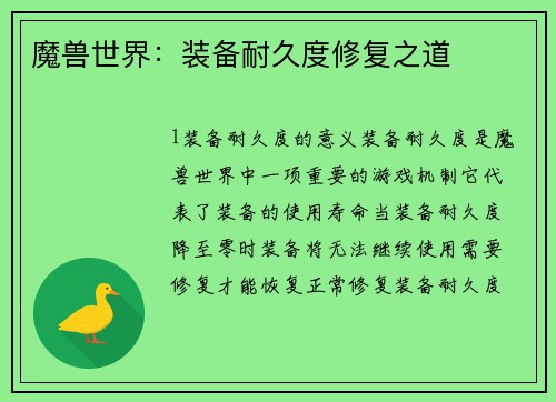 魔兽世界：装备耐久度修复之道